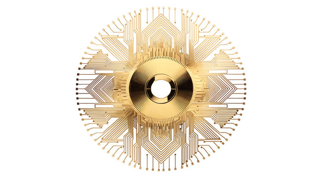 Pure gold processor designed like digital sun with radial circuit traces and metallic sheen conveying futuristic technology and luxury