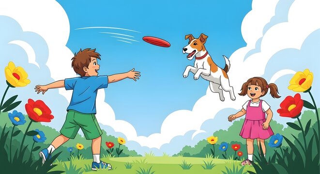 Playful Children Throwing Frisbee with Jumping Dog in Colorful Garden