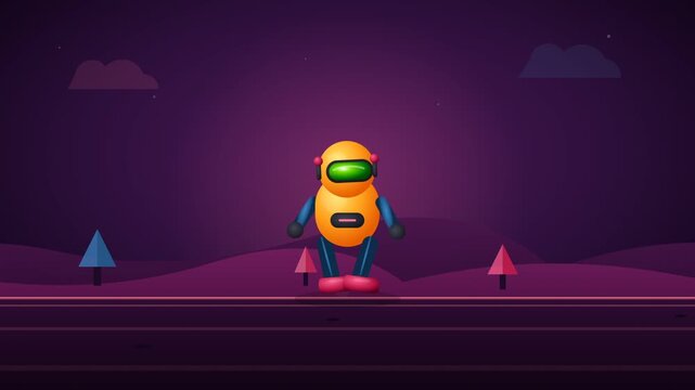 Animated Yellow Robot Character Dancing in a Stylized Purple Landscape.