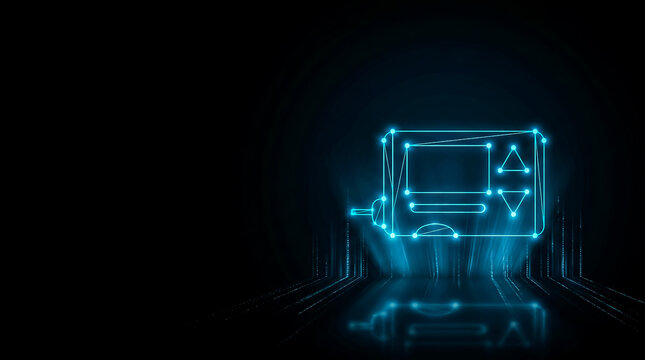 Abstract digital illustration of a glowing wireframe computer setup with geometric symbols, evoking futuristic tech and innovation.