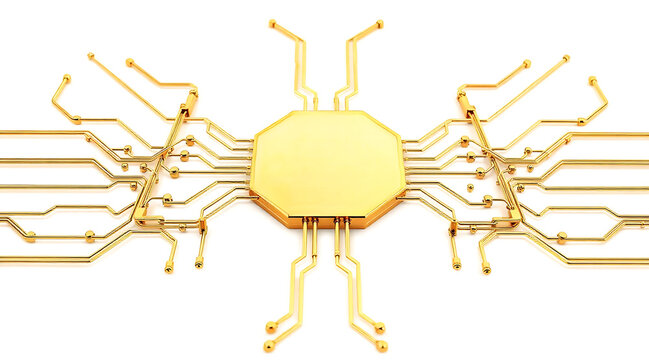 Gold neural processing core with radiating circuit traces and reflective metallic finish conveying futuristic innovation and luxury