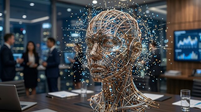 AI Robot Head with Data Particles in Modern Office Meeting Room