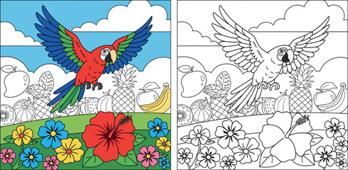 Obraz premium Colorful Parrot Flying Over Tropical Flowers and Fruits - Exotic Summer Scene