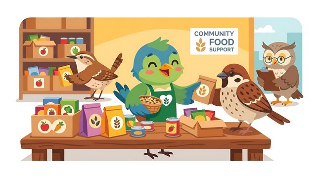 Cute cartoon birds helping at community food support station