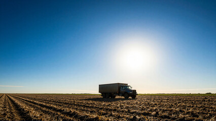 Fototapeta premium Rural landscape with a truck under the sun