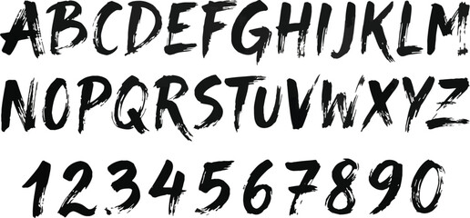 Hand drawn grunge black brush stroke alphabet letters and numbers vector set isolated on white background © VactorZone