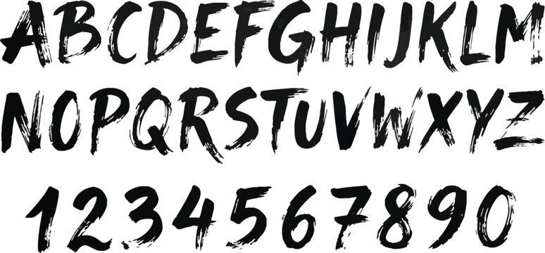 Hand drawn grunge black brush stroke alphabet letters and numbers vector set isolated on white background