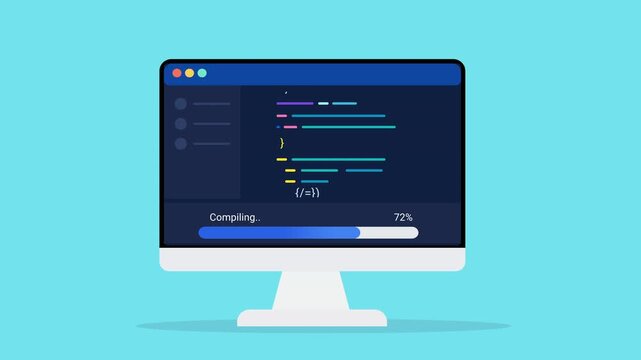 Animated flat vector illustration of a desktop monitor displaying source code, compilation status, and build progress tracking. Modern software development and programming workflow concept.
