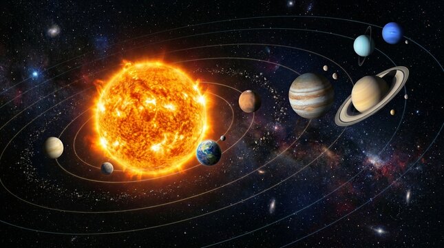 raphic representation of the solar system with the sun, Earth, and other planets.