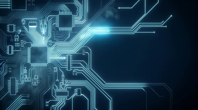 Glowing circuit board layout shows copper traces linking multiple integrated circuits on a dark blue background.Futuristic PCB background with IC packages and parallel tracks. 