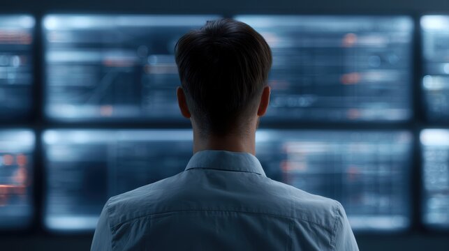 Cybersecurity analyst investigating ransomware activity through a holographic threat intelligence dashboard displaying attack vectors, security alerts, and containment procedures, futuristic security