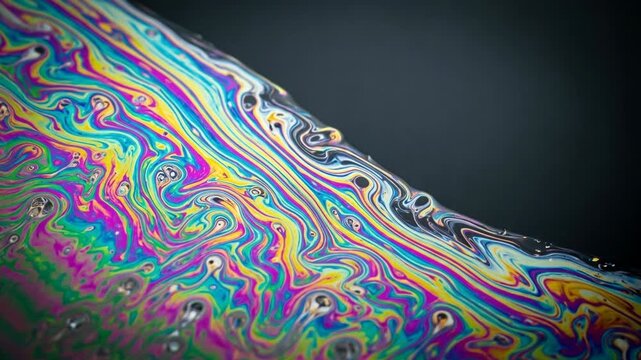 Macro soap film shows thin‑film interference with swirling rainbow bands on a dark background. Gasoline-like colorful pattern.  Liquid flows form ripples and cells, fluid motion, abstract background.