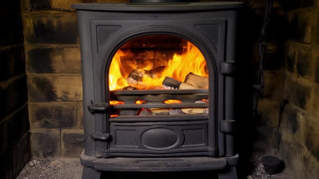Wood-Burning Stove with Glass Door Showing Intense Glowing Coals for Cozy Home Heating Themes