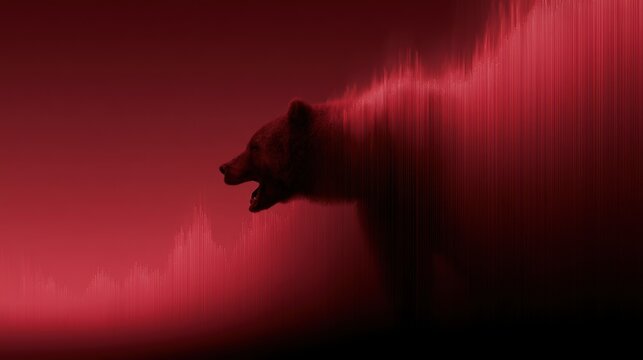 Bear market concept with a powerful bear silhouette emerging from descending stock graphs, dramatic financial artwork