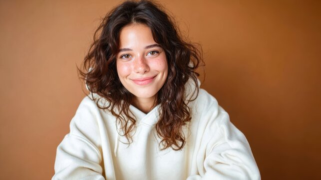 A bright and cheerful young woman with curly hair is smiling warmly against a soft brown background, exuding positivity and approachability in her casual style.