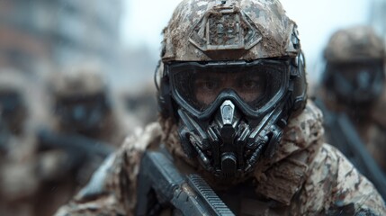 Fototapeta premium An intense depiction of a soldier in muddy gear, fully equipped and focused amidst a battlefield, reflecting themes of resilience, bravery, and the harsh realities of war.