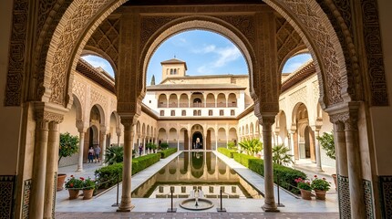 Naklejka premium Alhambra palace courtyard with arched walkway and reflection pool
