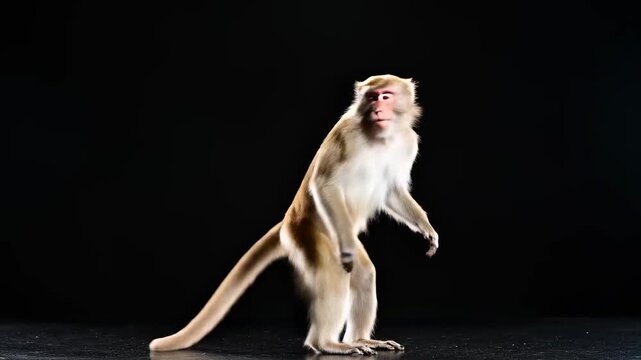 Energetic Monkey Performance: Macaque Monkey Jumping and Screaming Against a Black Background, Ideal for Wildlife Documentaries or Humorous Social Media Content.