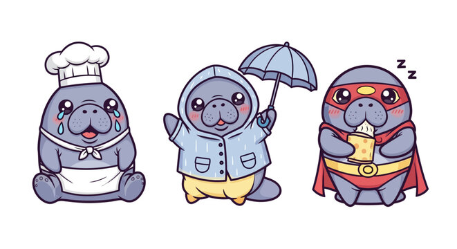 Cute Cartoon Manatee Characters in Various Professions and Moods.