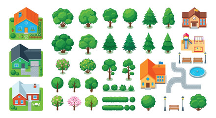 Fototapeta premium Town And Country Vector Illustration With Buildings Trees And Park Elements