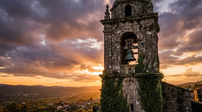 Majestic Ancient Stone Bell Tower at Dramatic Sunset