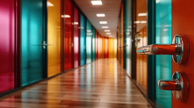 A hallway lined with vibrant glass walls in various colors creates a lively yet professional workspace, reflecting modern architectural design and innovative office culture.