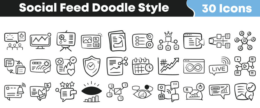 Set of thirty hand drawn social feed icons in doodle style