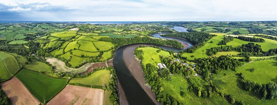 Panorama of Farms and Fields over River Dart from a drone, Stoke Gabriel, Totnes, Devon, England, United Kingdom