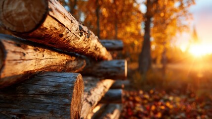 Fototapeta premium A close-up view of stacked logs against a backdrop of vibrant autumn foliage, showcasing the beauty of nature as well as the changing seasons in a serene landscape.