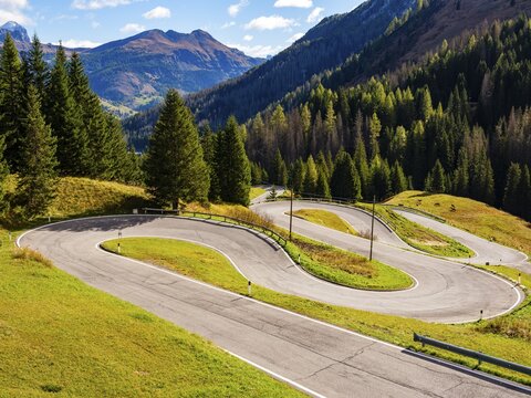 Pass road with many hairpin curves, Dolomite Road, Passo Pordoi, Dolomites, Alps, Belluno province, Veneto region, Italy