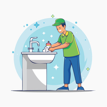Man washing hands with soap and water at sink