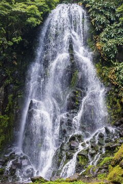 Achada waterfall in Achada, Island of Sao Miguel, Azores, Portugal