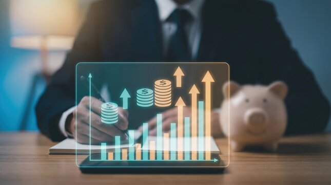 Financial Planning, Investment ROI, and Wealth Growth Concept: Floating Teal Holographic Trend Graphs and Coin Stack Icons above Blurred Businessman and Piggy Bank