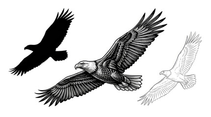 Fototapeta premium Detailed eagle illustrations in flight featuring black silhouette and intricate line art drawing style designs