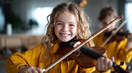 Fototapeta premium This image showcases a joyful girl playing the violin with a bright smile, capturing the essence of music, happiness, and childhood wonder in a spirited atmosphere.
