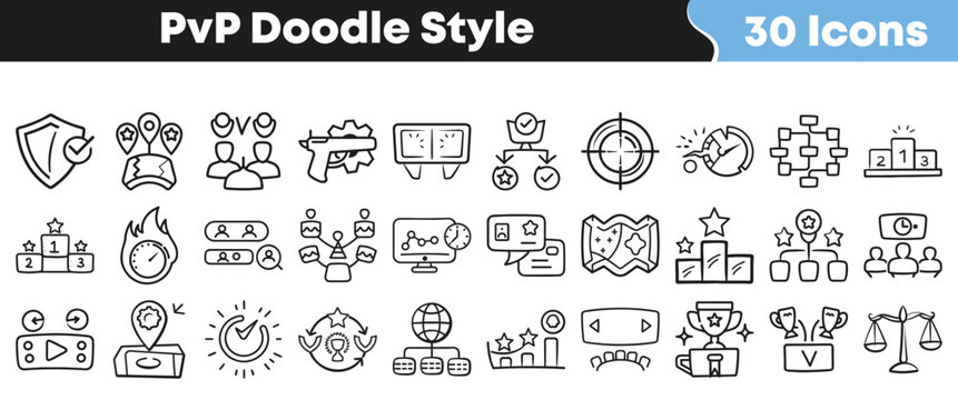 Set of thirty hand drawn doodle style competitive gaming icons