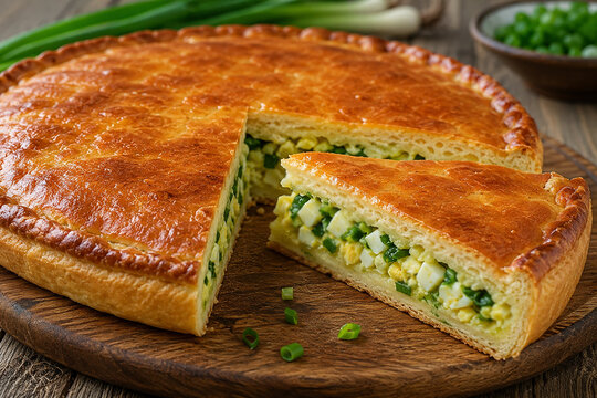 Batter Pie - Homemade Savory Egg and Green Onion Pie, Cut Slice, Rustic Food Photography