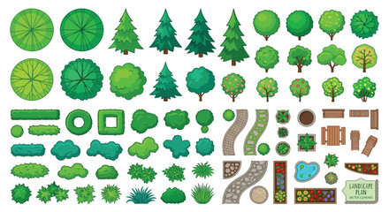 Top down View Trees Bushes And Landscape Elements Vector Illustration © SHANTI