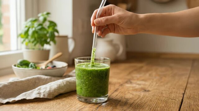 Person stirring fresh green vegetable smoothie with eco-friendly glass straw on wooden kitchen table.