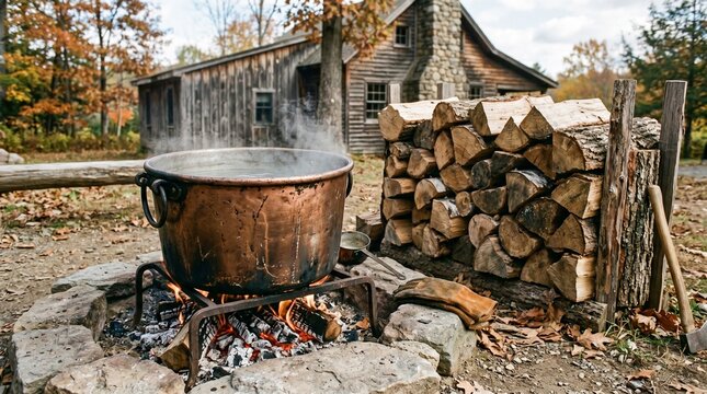 Large vintage copper water boiling pot sitting by stack of dry firewood