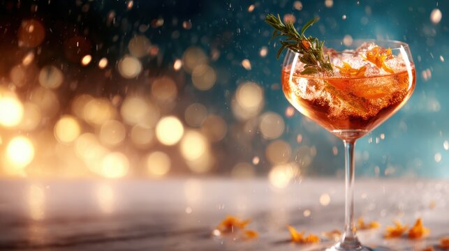 An elegant cocktail glistens in a glass, garnished with herbs, inviting you to enjoy a refreshing drink amidst a backdrop of glamour and celebration.