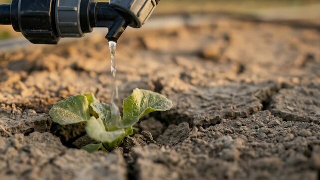 Close-up of drip irrigation emitter watering a young seedling in dry cracked earth at sunset.