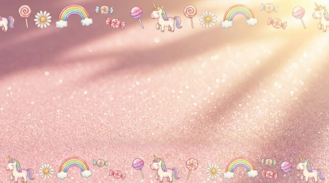 A pink glitter background with a border of unicorns, rainbows, flowers, and candies, creating a whimsical and magical scene for kids or celebrations