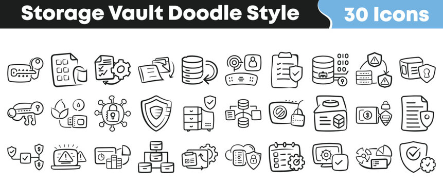 Set of hand drawn storage vault icons in doodle style