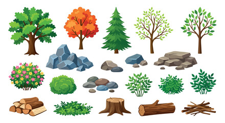 Assorted Trees Rocks And Wood Elements Vector Illustration © SHANTI