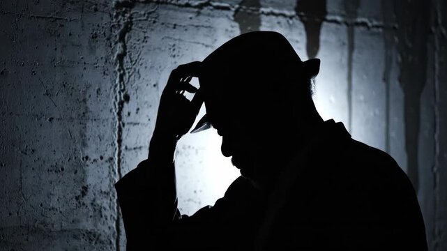 Silhouette of Man Wearing Fedora Hat Scratching Head Against Textured Concrete Wall in Dark Basement