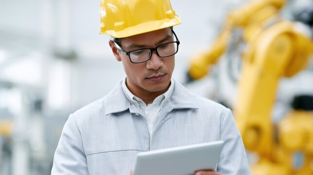 Professional engineer inspecting robotic machinery on a production line, Industry 4.0 innovation and operational efficiency concept