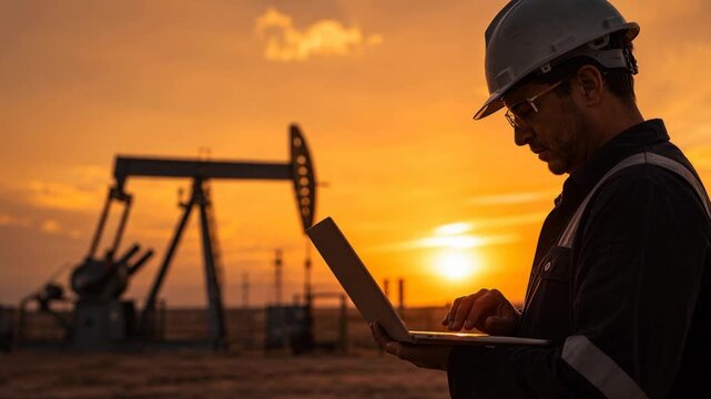Oil industry engineer working on laptop at sunset near pumpjack in oilfield
