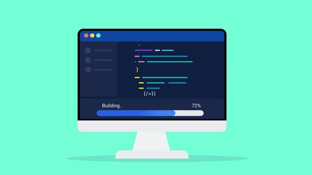 Animated flat vector illustration of a desktop monitor displaying source code, build status, and progress tracking. Modern software development and programming workflow concept.
