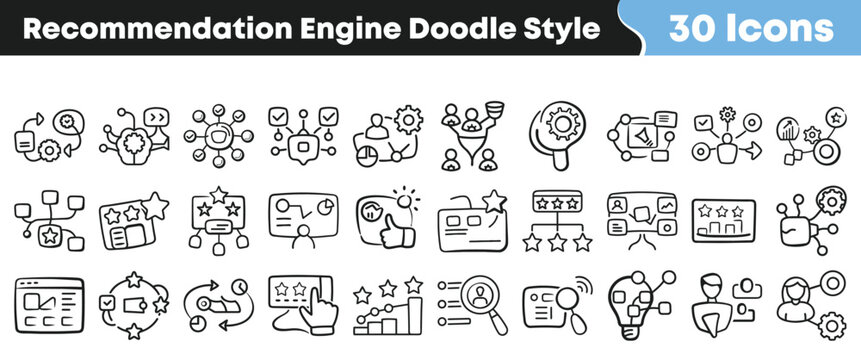 Set of thirty hand drawn recommendation engine icons in doodle style
